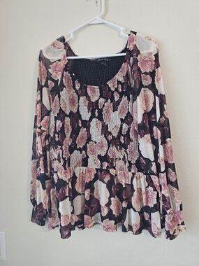 A Love Story XL Floral Smocked Peplum Blouse - Pink Floral